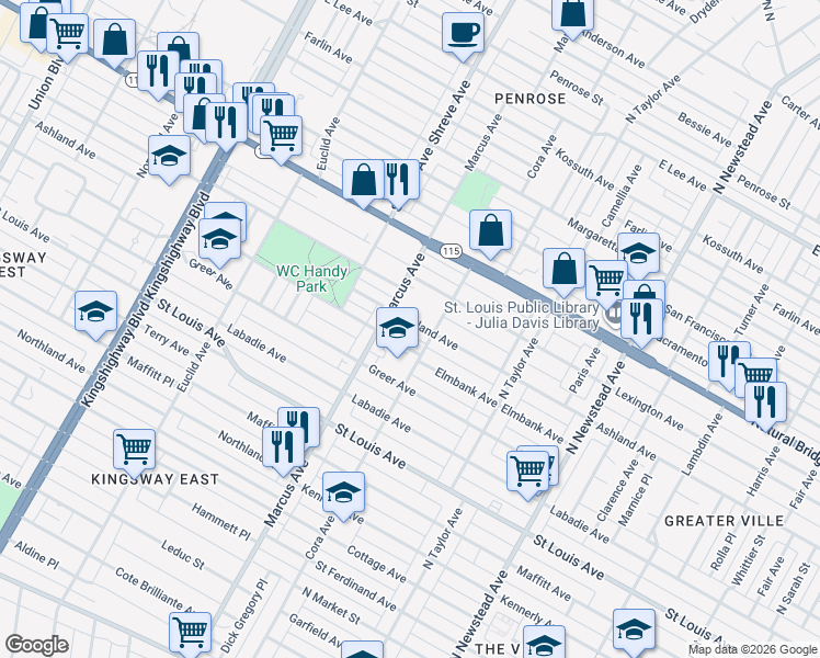 map of restaurants, bars, coffee shops, grocery stores, and more near 4643 Elmbank Avenue in St. Louis