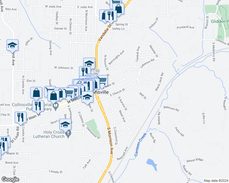 map of restaurants, bars, coffee shops, grocery stores, and more near 151 South Aurora Street in Collinsville