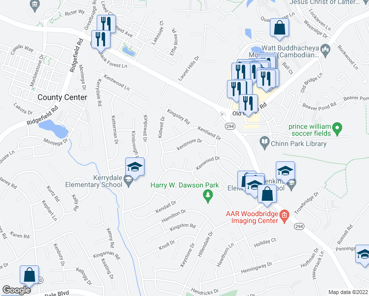 map of restaurants, bars, coffee shops, grocery stores, and more near 4503 Kentmore Drive in Woodbridge