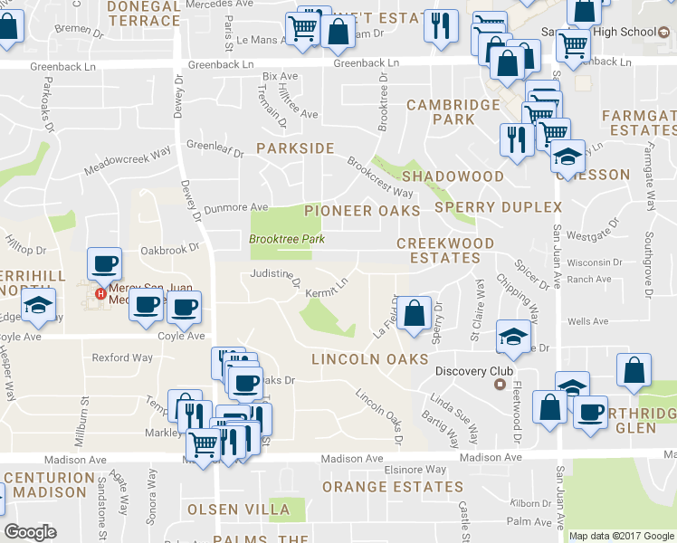 map of restaurants, bars, coffee shops, grocery stores, and more near 6907 Linker Court in Fair Oaks