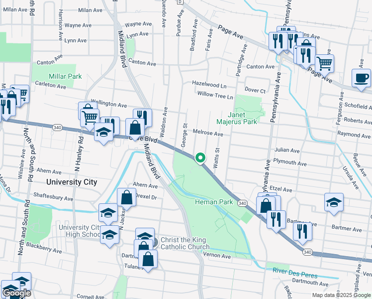 map of restaurants, bars, coffee shops, grocery stores, and more near 7239 Olive Boulevard in University City