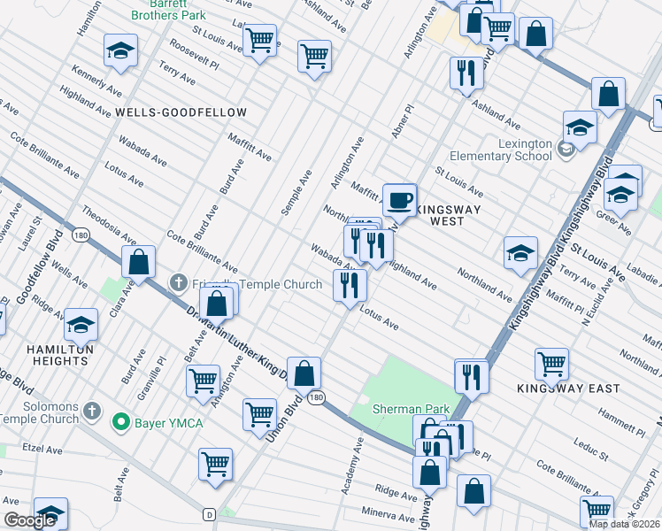 map of restaurants, bars, coffee shops, grocery stores, and more near 5348 Lotus Avenue in St. Louis
