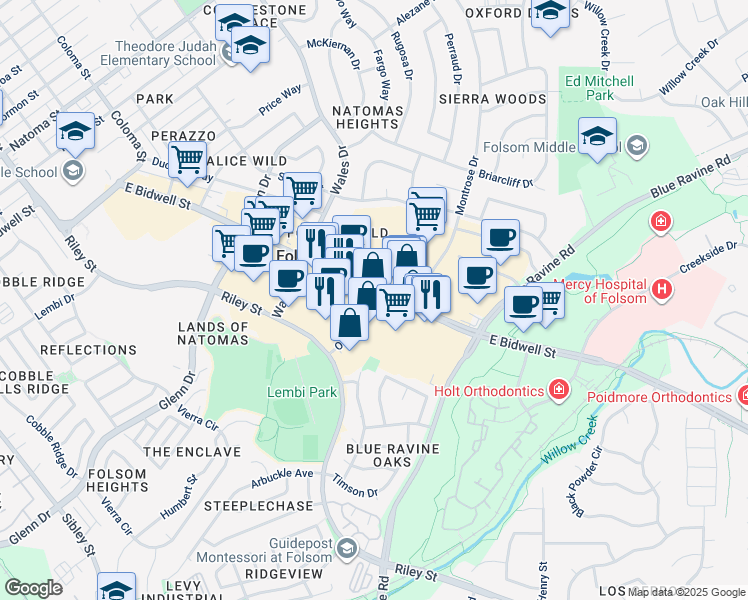 map of restaurants, bars, coffee shops, grocery stores, and more near 825 East Bidwell Street in Folsom
