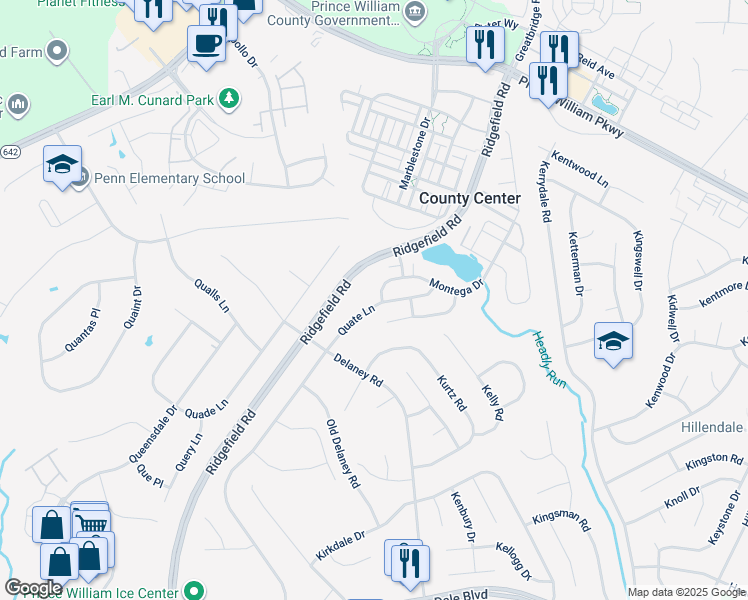 map of restaurants, bars, coffee shops, grocery stores, and more near 4900 Montega Drive in Woodbridge