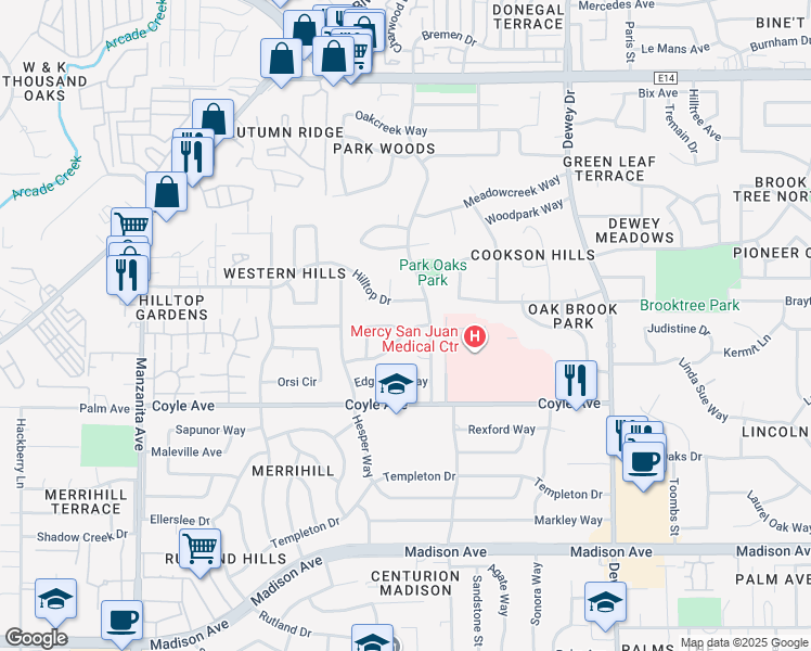 map of restaurants, bars, coffee shops, grocery stores, and more near 5805 Cada Circle in Carmichael