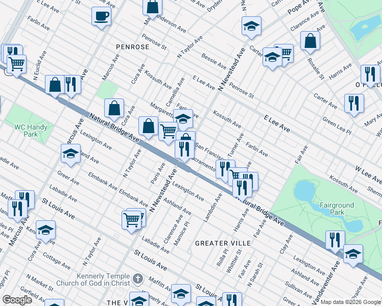 map of restaurants, bars, coffee shops, grocery stores, and more near 3800 North Newstead Avenue in St. Louis