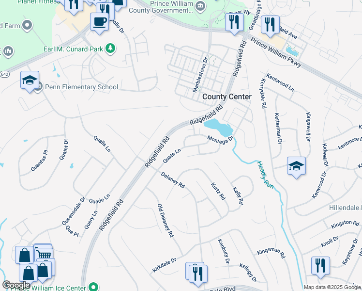 map of restaurants, bars, coffee shops, grocery stores, and more near 4900 Montega Drive in Woodbridge