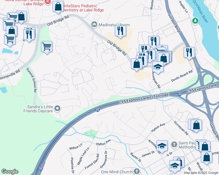 map of restaurants, bars, coffee shops, grocery stores, and more near 1879 Tiger Lily Cir in Woodbridge