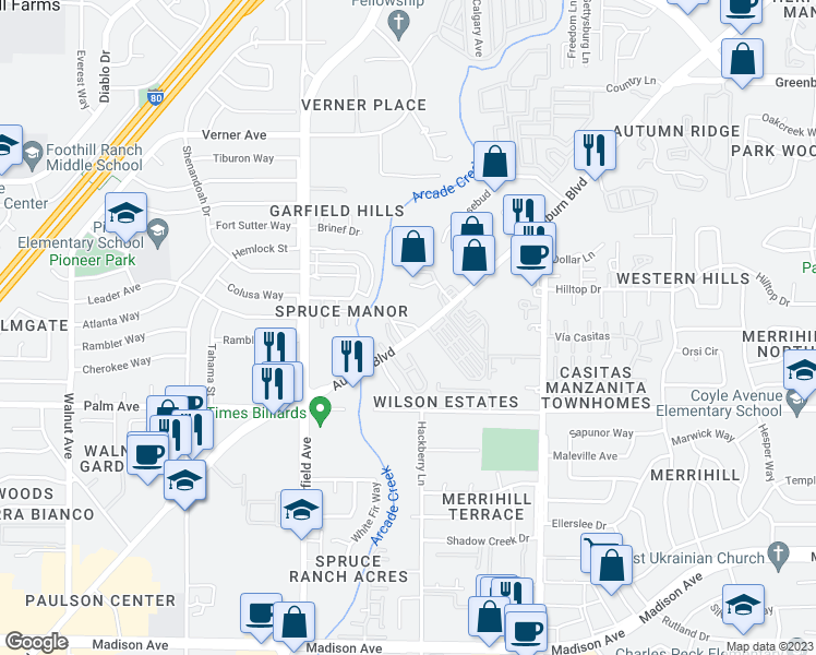 map of restaurants, bars, coffee shops, grocery stores, and more near 5631 Auburn Boulevard in Sacramento