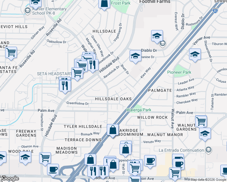 map of restaurants, bars, coffee shops, grocery stores, and more near 4707 Hayford Way in Sacramento