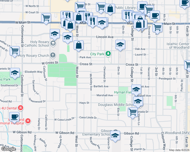 map of restaurants, bars, coffee shops, grocery stores, and more near 130 Pendegast Street in Woodland