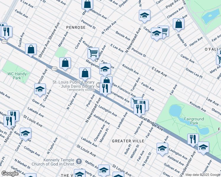 map of restaurants, bars, coffee shops, grocery stores, and more near 4341 Natural Bridge Avenue in St. Louis