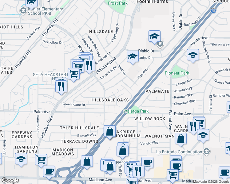 map of restaurants, bars, coffee shops, grocery stores, and more near 4770 Greenholme Drive in Sacramento