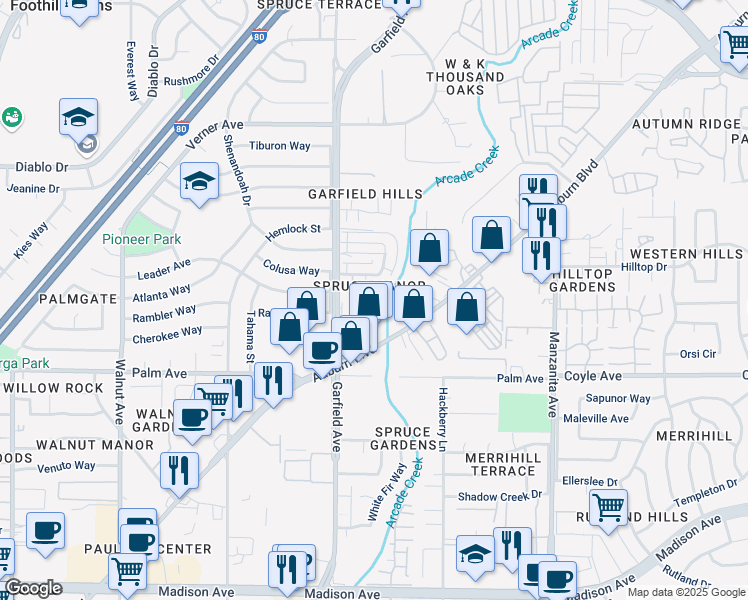 map of restaurants, bars, coffee shops, grocery stores, and more near 5561 Auburn Boulevard in Sacramento