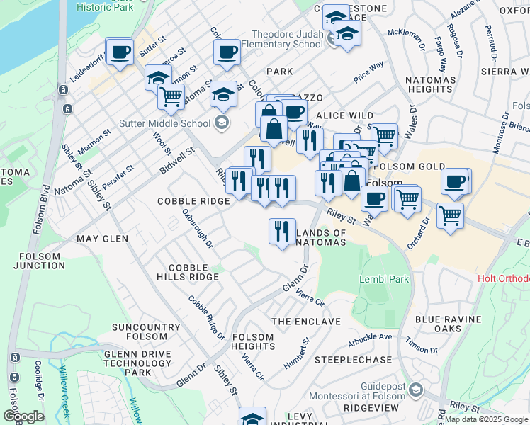 map of restaurants, bars, coffee shops, grocery stores, and more near 1012 Riley Street in Folsom