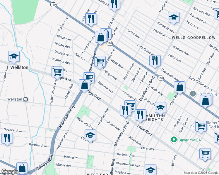 map of restaurants, bars, coffee shops, grocery stores, and more near 5937 Hamilton Terrace in St. Louis