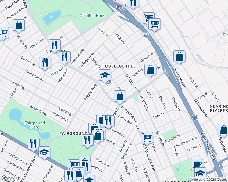 map of restaurants, bars, coffee shops, grocery stores, and more near 2122 Obear Avenue in St. Louis
