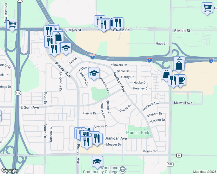 map of restaurants, bars, coffee shops, grocery stores, and more near 1801 Lowe Drive in Woodland