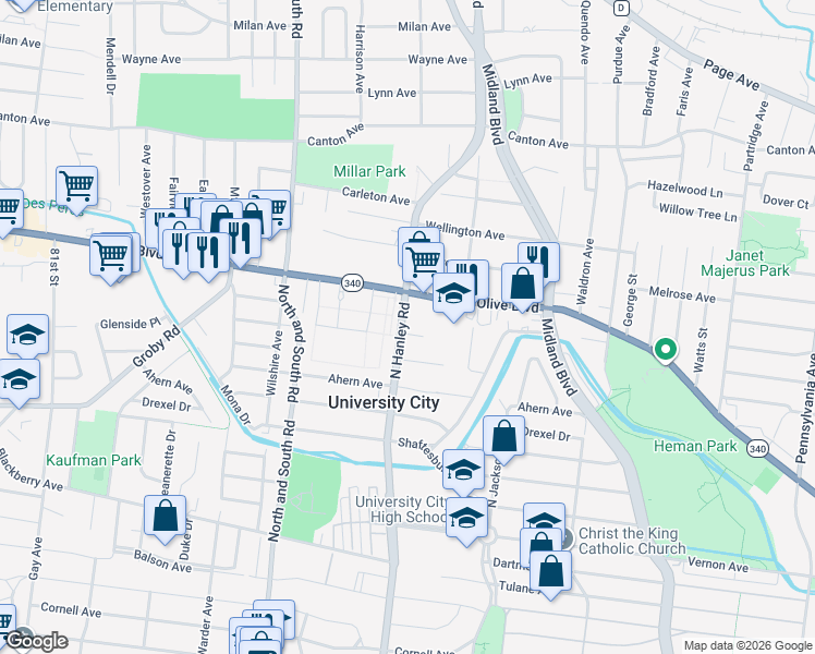 map of restaurants, bars, coffee shops, grocery stores, and more near 7438 Saleen Court in University City
