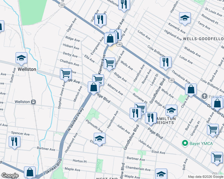 map of restaurants, bars, coffee shops, grocery stores, and more near 5937 Hamilton Terrace in St. Louis