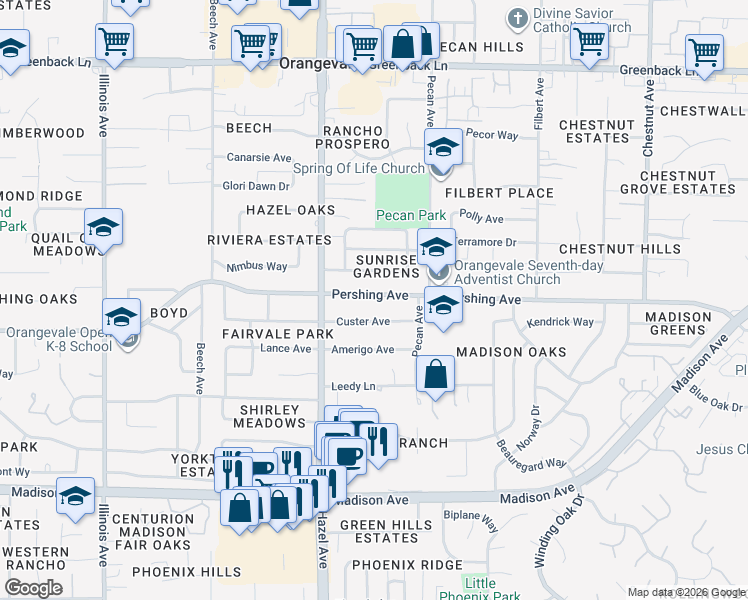map of restaurants, bars, coffee shops, grocery stores, and more near 8932 Pershing Avenue in Orangevale