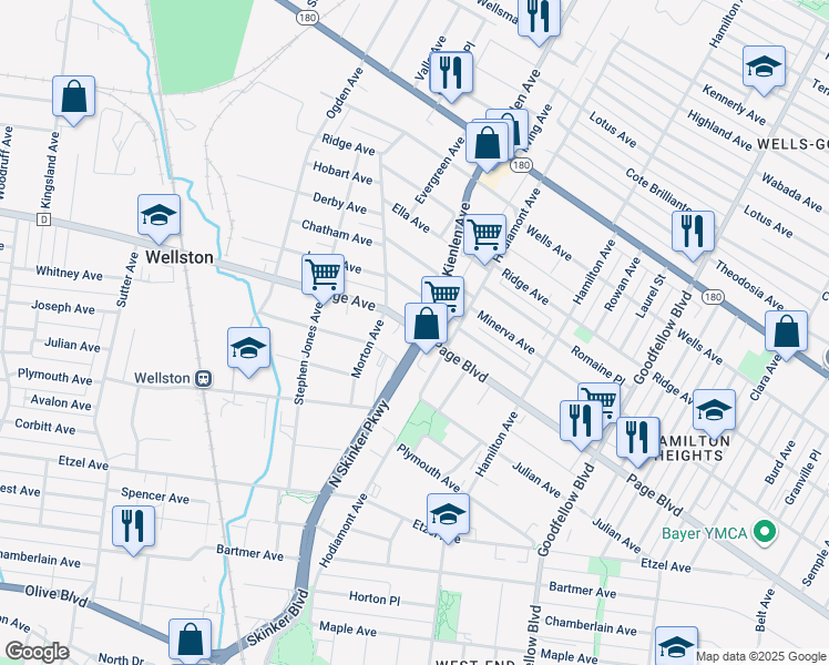 map of restaurants, bars, coffee shops, grocery stores, and more near 6104 Page Boulevard in St. Louis