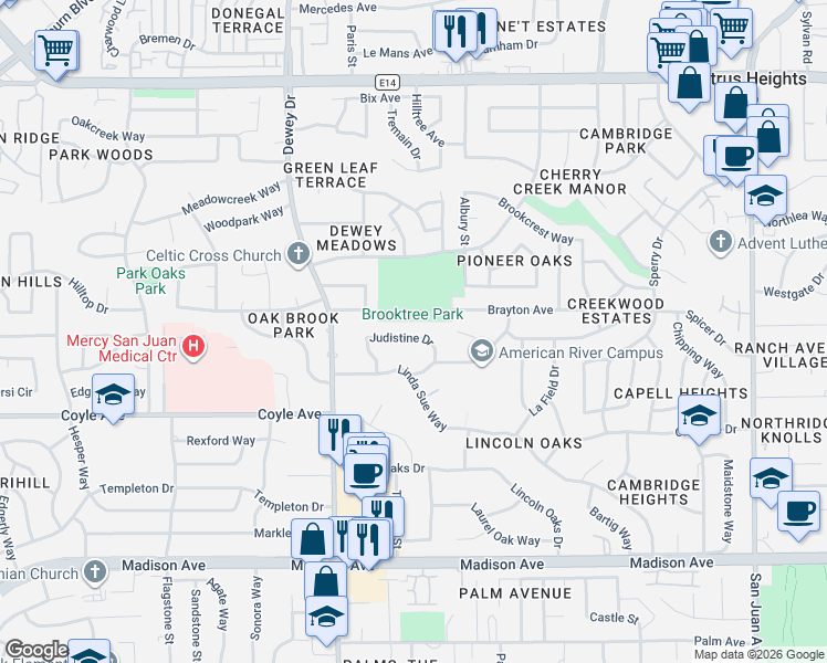 map of restaurants, bars, coffee shops, grocery stores, and more near 6757 Judistine Drive in Fair Oaks
