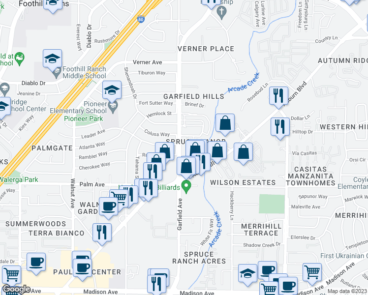 map of restaurants, bars, coffee shops, grocery stores, and more near 5732 Garfield Avenue in Sacramento
