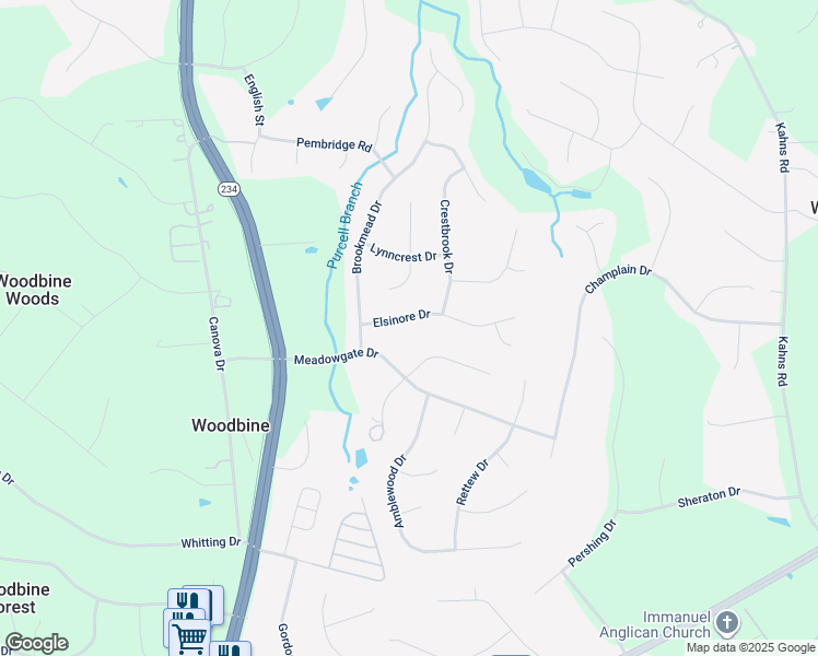 map of restaurants, bars, coffee shops, grocery stores, and more near 7865 Elsinore Drive in Manassas
