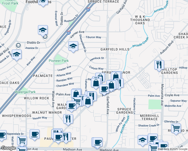 map of restaurants, bars, coffee shops, grocery stores, and more near 5408 Rambler Way in Sacramento