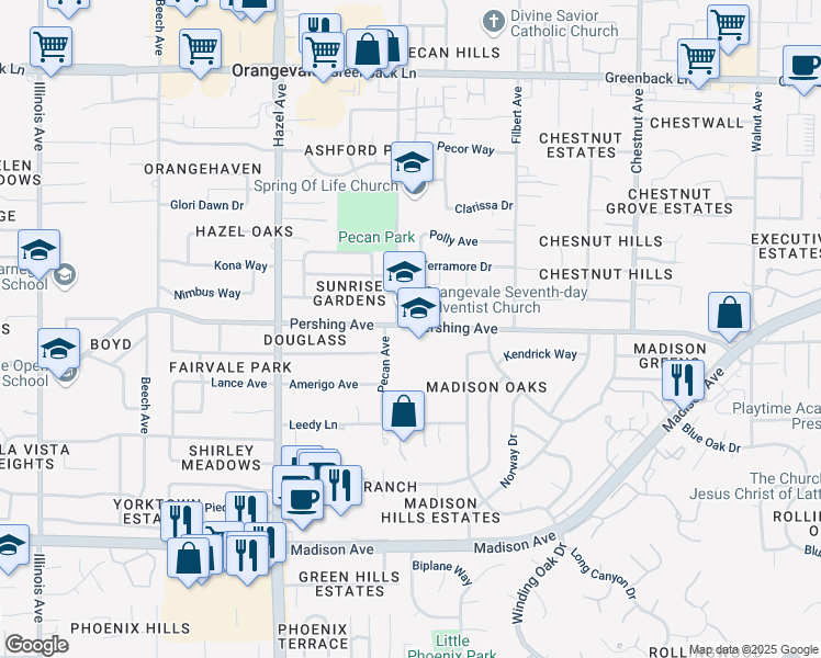 map of restaurants, bars, coffee shops, grocery stores, and more near 9010 Pershing Avenue in Orangevale