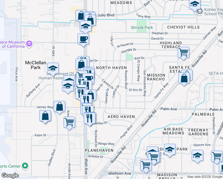 map of restaurants, bars, coffee shops, grocery stores, and more near 5705 Canary Drive in North Highlands