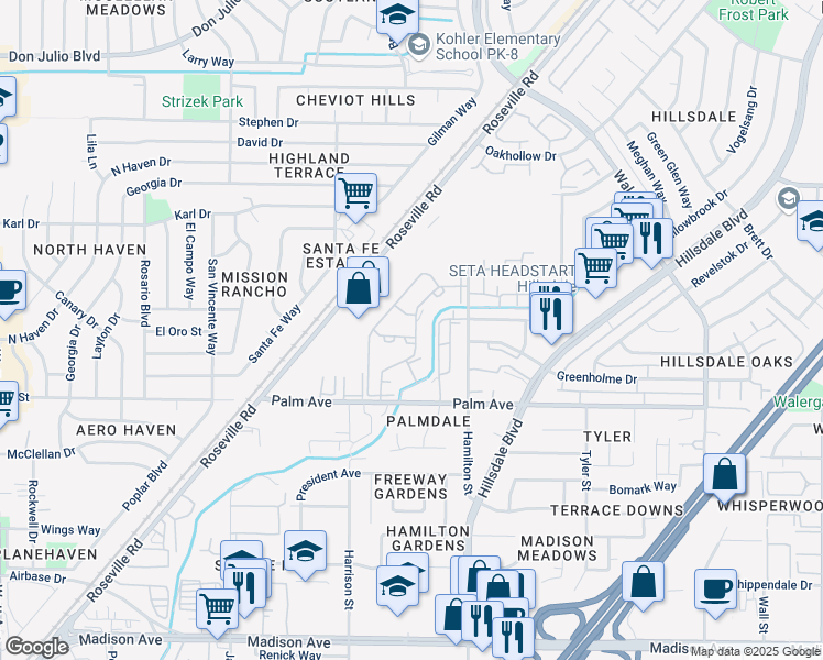 map of restaurants, bars, coffee shops, grocery stores, and more near 4141 Palm Avenue in Sacramento
