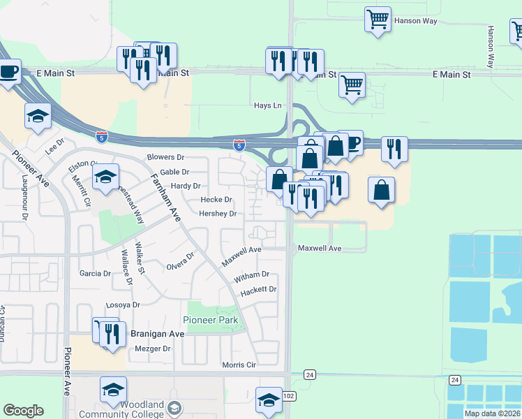 map of restaurants, bars, coffee shops, grocery stores, and more near 1950 Andrew Stevens Drive in Woodland