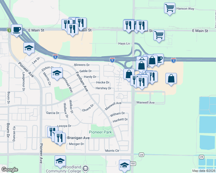 map of restaurants, bars, coffee shops, grocery stores, and more near 856 Browning Circle in Woodland