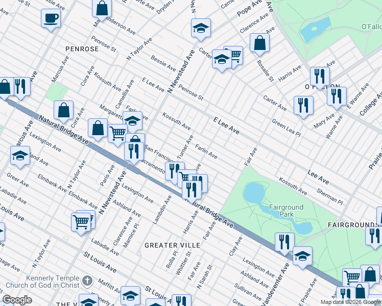 map of restaurants, bars, coffee shops, grocery stores, and more near 4264 Margaretta Avenue in St. Louis