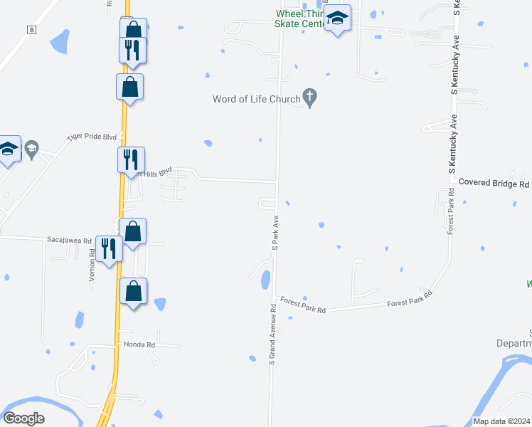 map of restaurants, bars, coffee shops, grocery stores, and more near 4736-4864 South Park Avenue in Sedalia