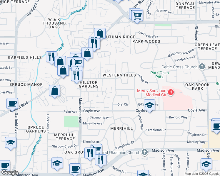 map of restaurants, bars, coffee shops, grocery stores, and more near 6094 Vía Casitas in Carmichael