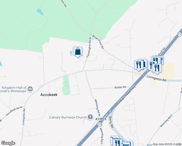 map of restaurants, bars, coffee shops, grocery stores, and more near 15924 Livingston Road in Accokeek