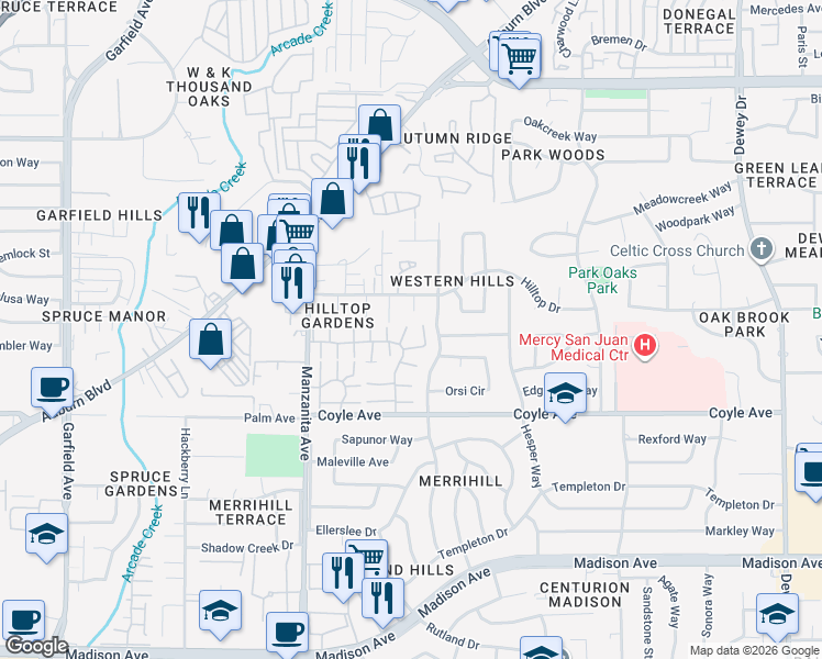 map of restaurants, bars, coffee shops, grocery stores, and more near 6094 Vía Casitas in Carmichael