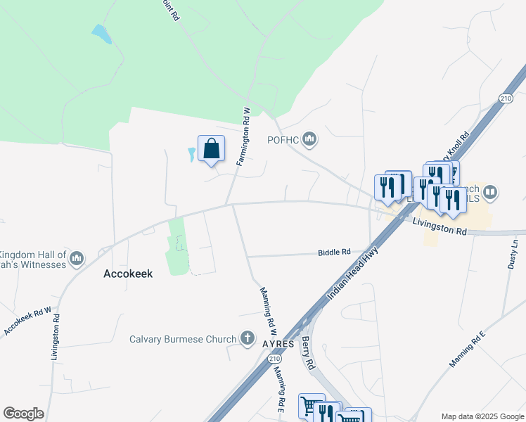 map of restaurants, bars, coffee shops, grocery stores, and more near 15916 Livingston Road in Accokeek