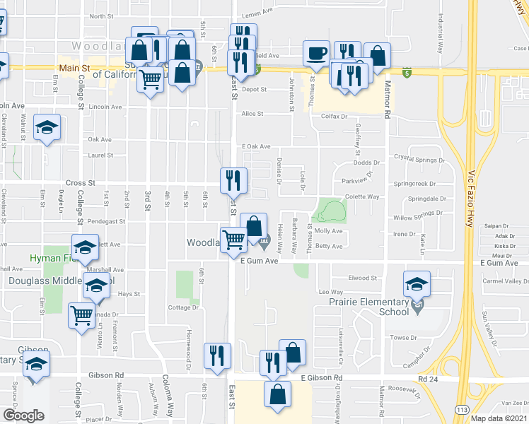 map of restaurants, bars, coffee shops, grocery stores, and more near 797 East Street in Woodland