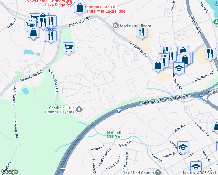 map of restaurants, bars, coffee shops, grocery stores, and more near 1911 Beegee Ct in Woodbridge