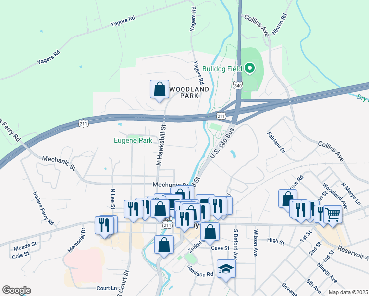 map of restaurants, bars, coffee shops, grocery stores, and more near 20 Furnace Road in Luray