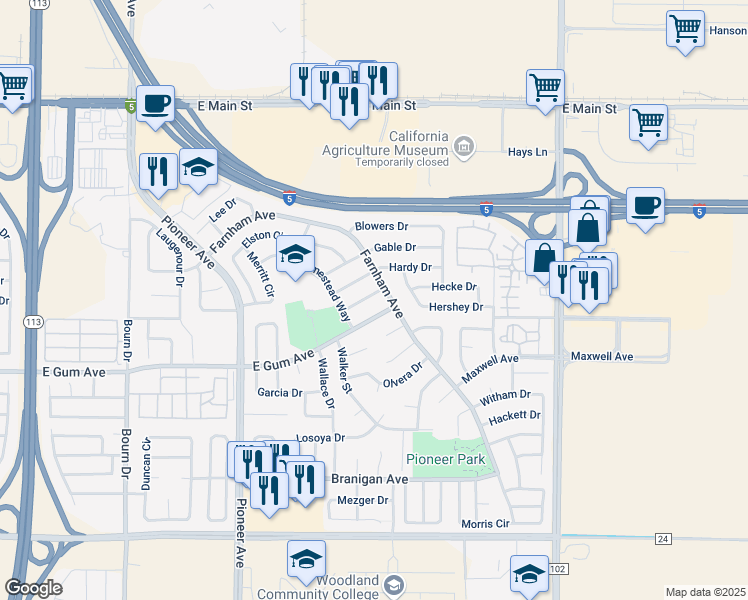 map of restaurants, bars, coffee shops, grocery stores, and more near 1826 Lowe Drive in Woodland