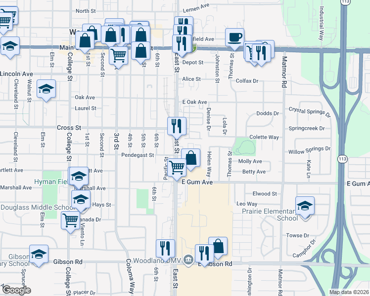 map of restaurants, bars, coffee shops, grocery stores, and more near 797 East Street in Woodland