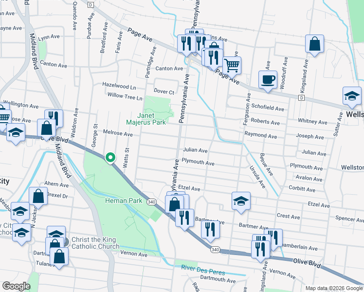 map of restaurants, bars, coffee shops, grocery stores, and more near 6947 Plymouth Avenue in University City