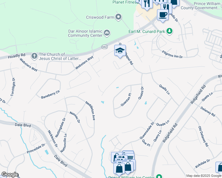 map of restaurants, bars, coffee shops, grocery stores, and more near 5425 Quinn Lane in Woodbridge