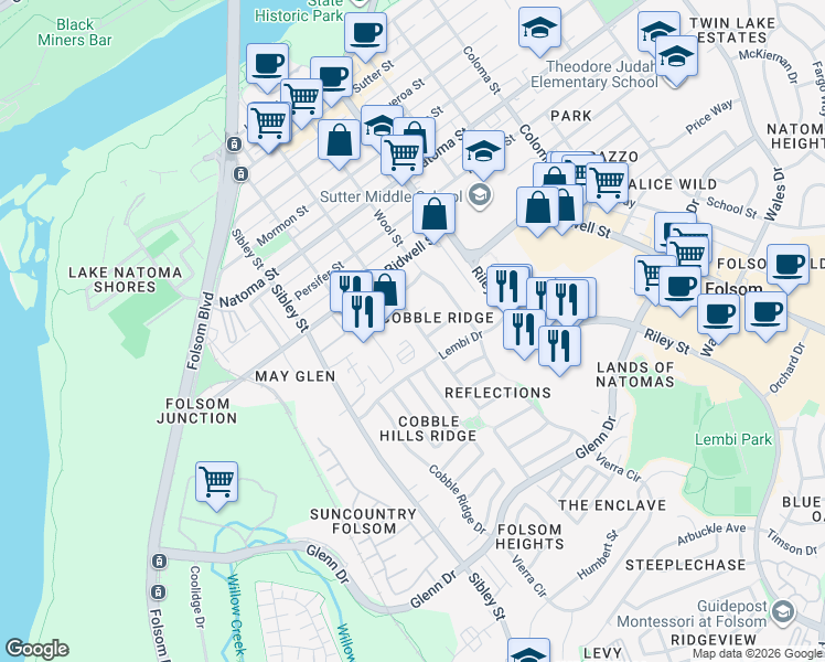 map of restaurants, bars, coffee shops, grocery stores, and more near 206 Oxburough Drive in Folsom