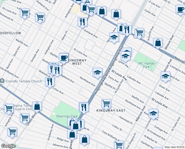 map of restaurants, bars, coffee shops, grocery stores, and more near 5030 Maffitt Avenue in St. Louis